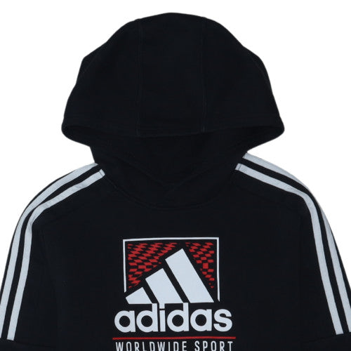 Adidas Boys Black Pullover Hoodie Worldwide Sport Logo Size 146