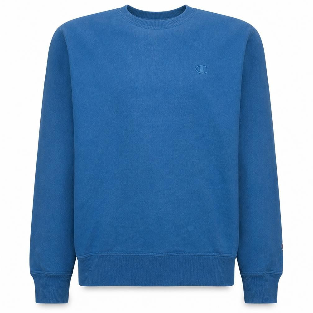 Front view of Champion Men's Blue Crew Neck Pullover Sweatshirt, size M