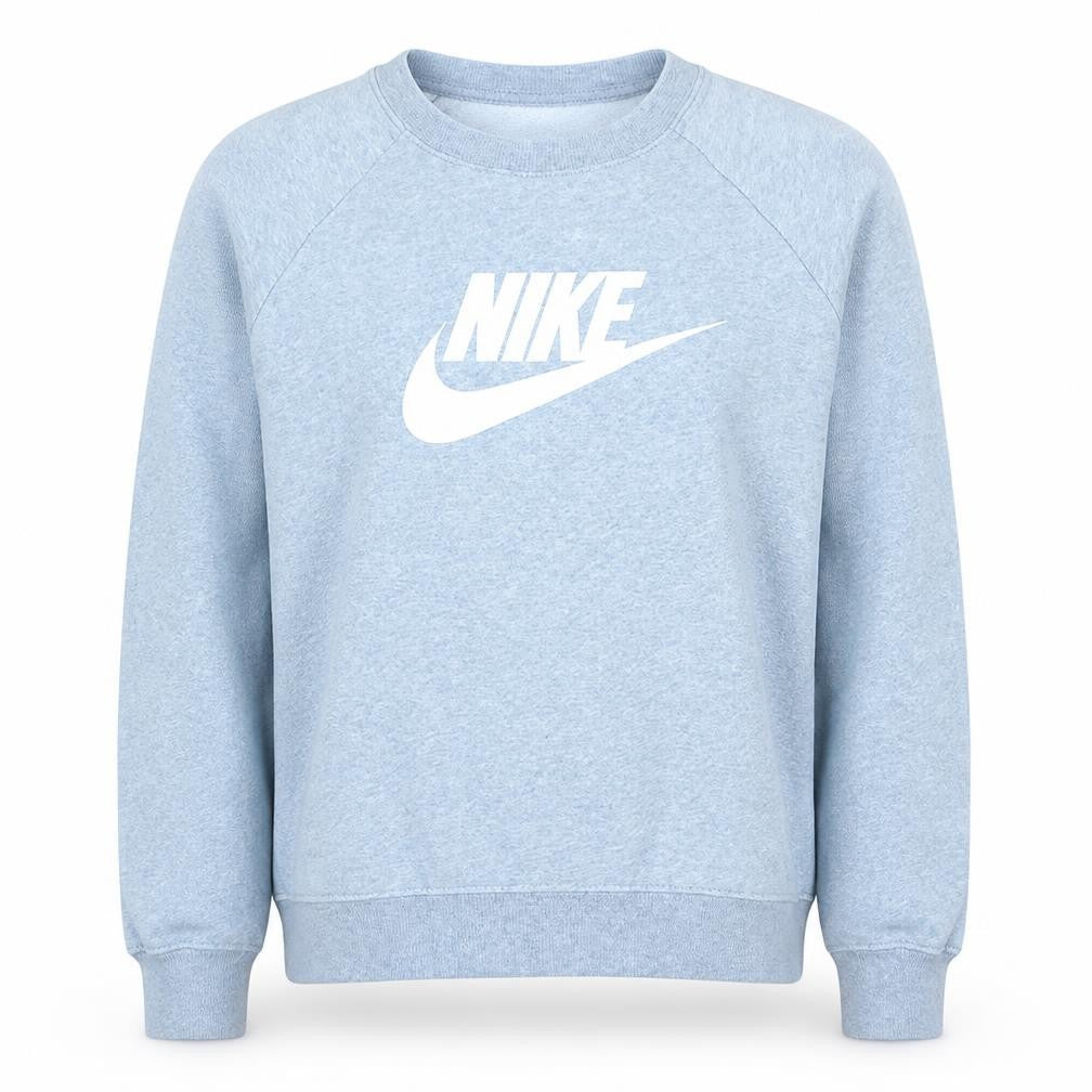 Front view of Nike women’s grey crew neck pullover sweatshirt, size UK 12, m