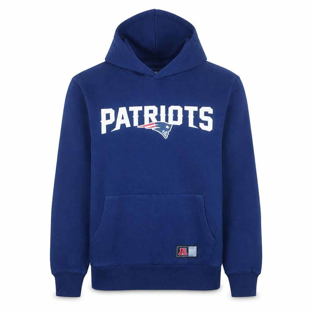 Front view of NFL Team Apparel Men's Blue Patriots Pullover Hoodie M Regular Fit