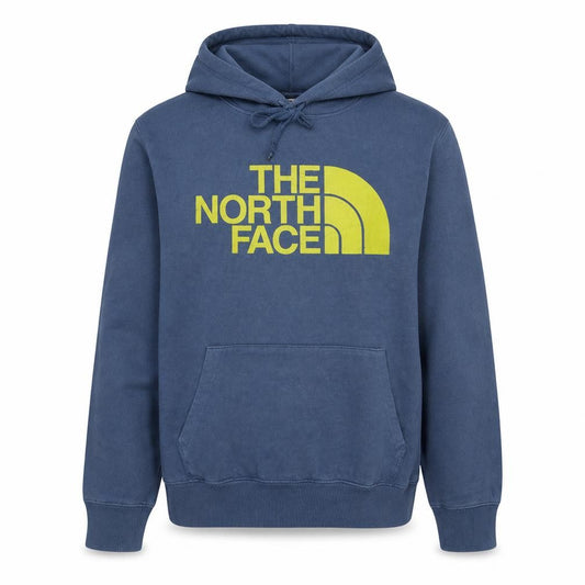 Front view of The North Face men’s blue logo pullover hoodie, size L