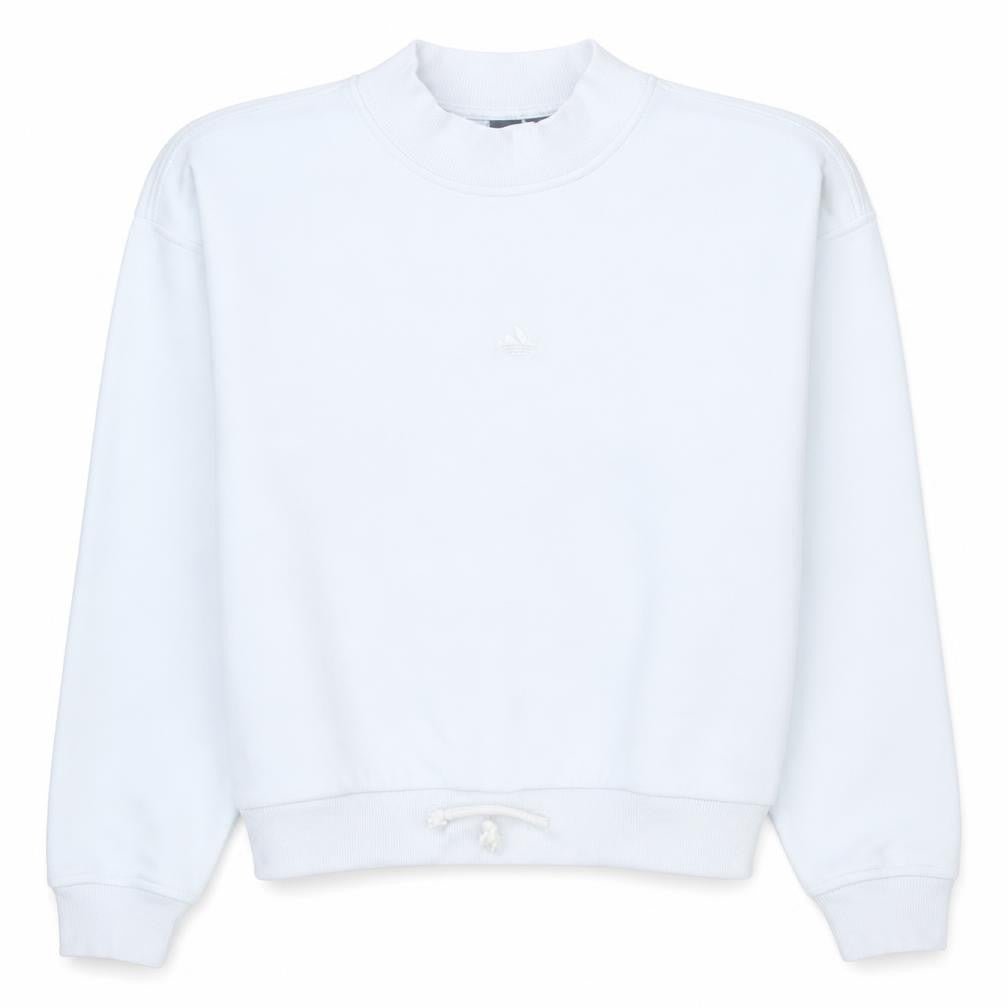 Front view of Adidas women’s white xs pullover sweatshirt with drawstring hem