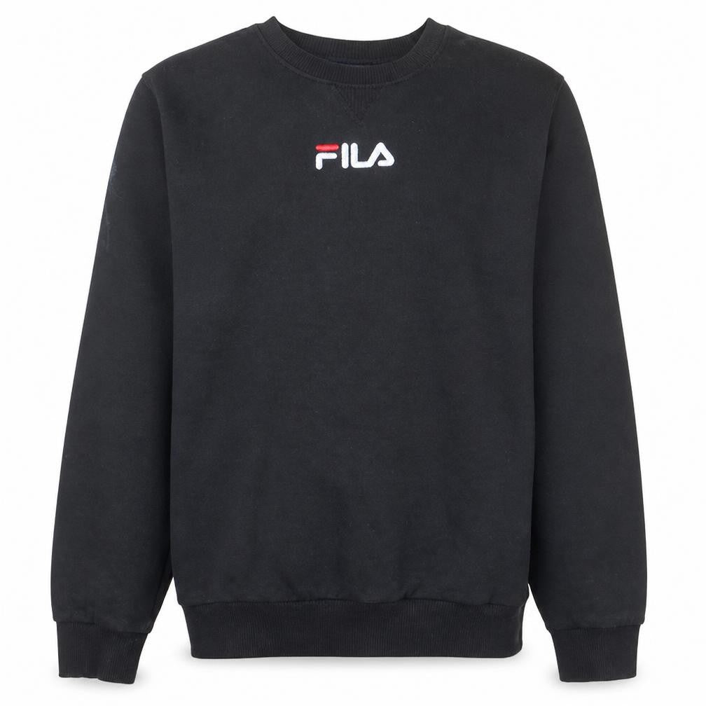 Front view of Fila men’s black pullover sweatshirt m regular fit fleece crew neck