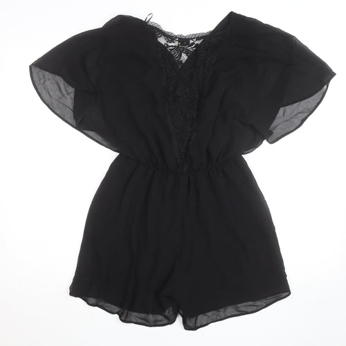 Miss Selfridge Black Lace V-Neck Chiffon Playsuit Women Size 10