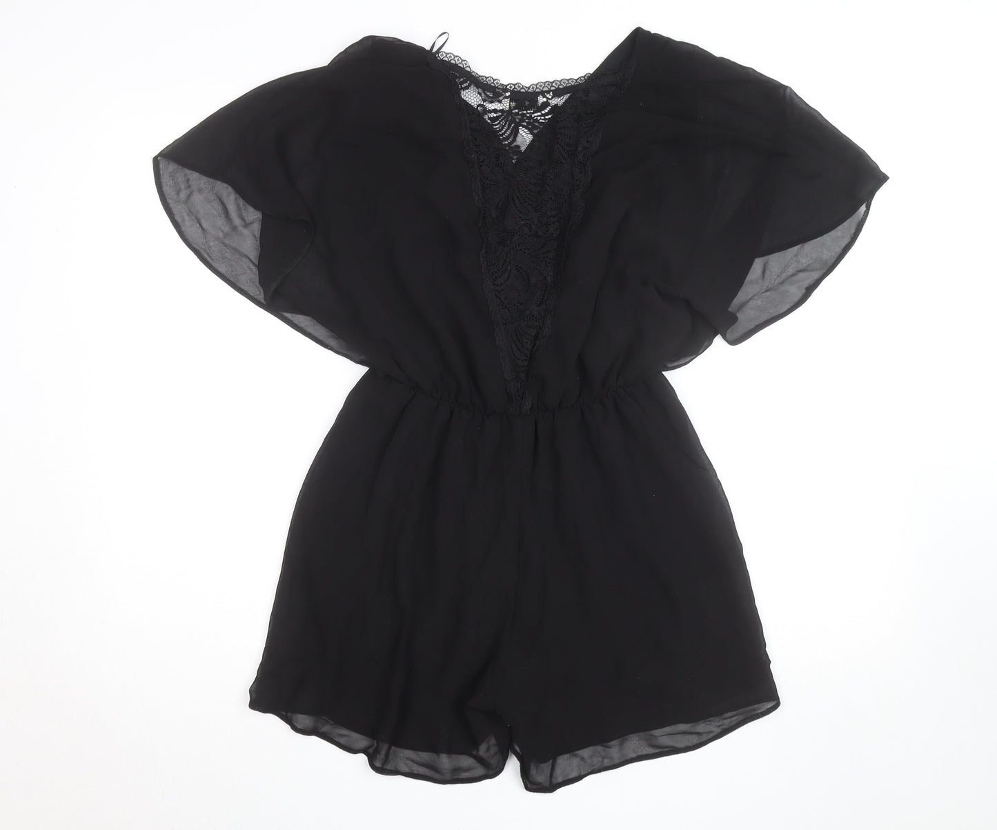 Miss Selfridge Black Lace V-Neck Chiffon Playsuit Women Size 10