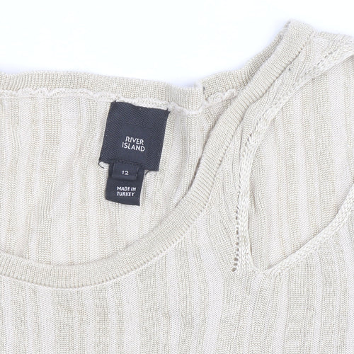 River Island Women's Beige Knit Long Sleeve Scoop Neck Top Size 12