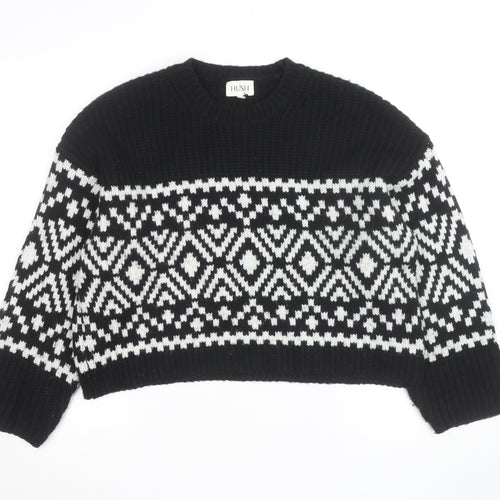 Hush Womens Black Fair Isle Wool Blend Chunky Knit Jumper M