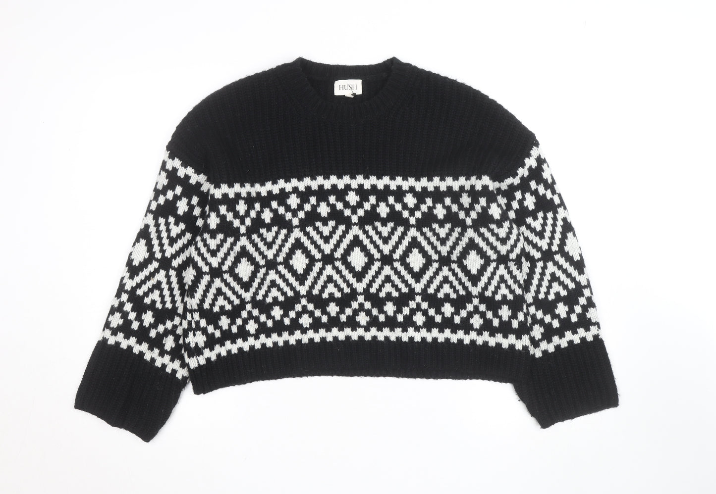 Hush Womens Black Fair Isle Wool Blend Chunky Knit Jumper M