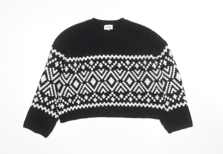 Hush Womens Black Fair Isle Wool Blend Chunky Knit Jumper M