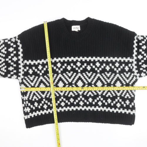 Hush Womens Black Fair Isle Wool Blend Chunky Knit Jumper M