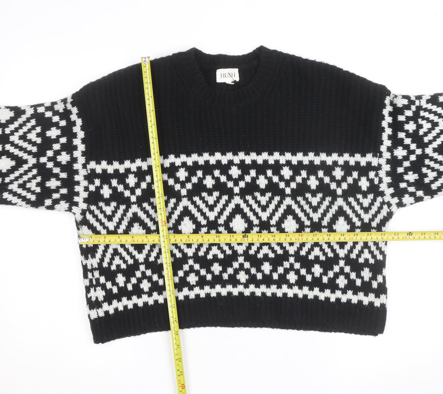 Hush Womens Black Fair Isle Wool Blend Chunky Knit Jumper M