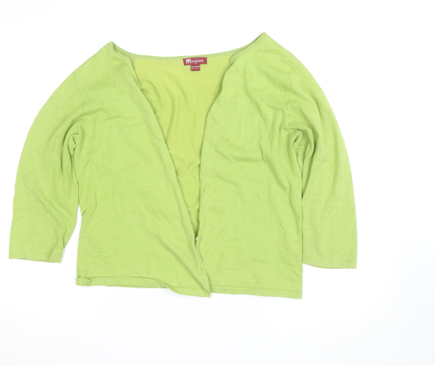 Monsoon Women Green Cotton V-Neck 3/4 Sleeve Cardigan Size 16