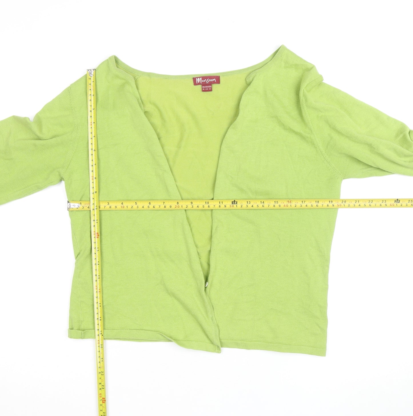 Monsoon Women Green Cotton V-Neck 3/4 Sleeve Cardigan Size 16