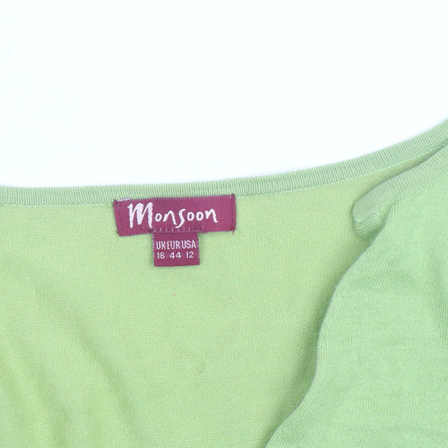 Monsoon Women Green Cotton V-Neck 3/4 Sleeve Cardigan Size 16