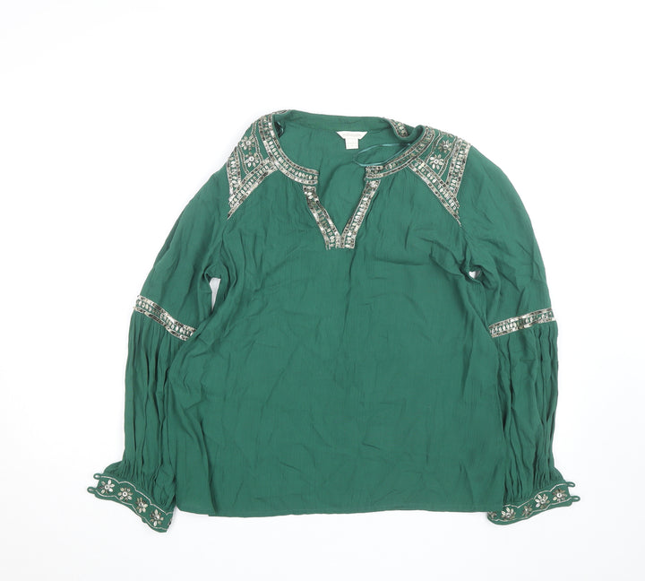 Monsoon Women Green Beaded Tunic Blouse UK 8 Viscose Long Sleeve