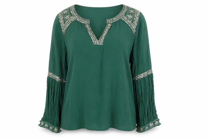 Monsoon Women Green Beaded Tunic Blouse UK 8 Viscose Long Sleeve