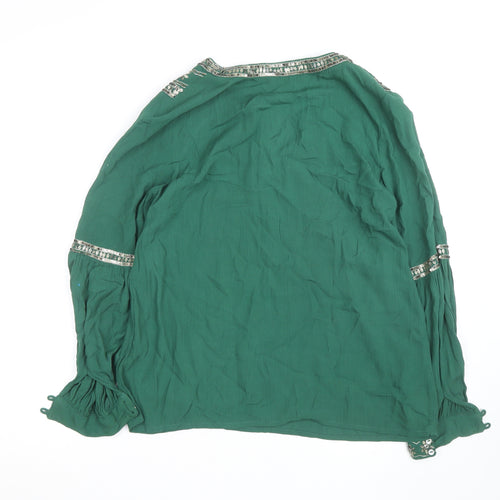 Monsoon Women Green Beaded Tunic Blouse UK 8 Viscose Long Sleeve