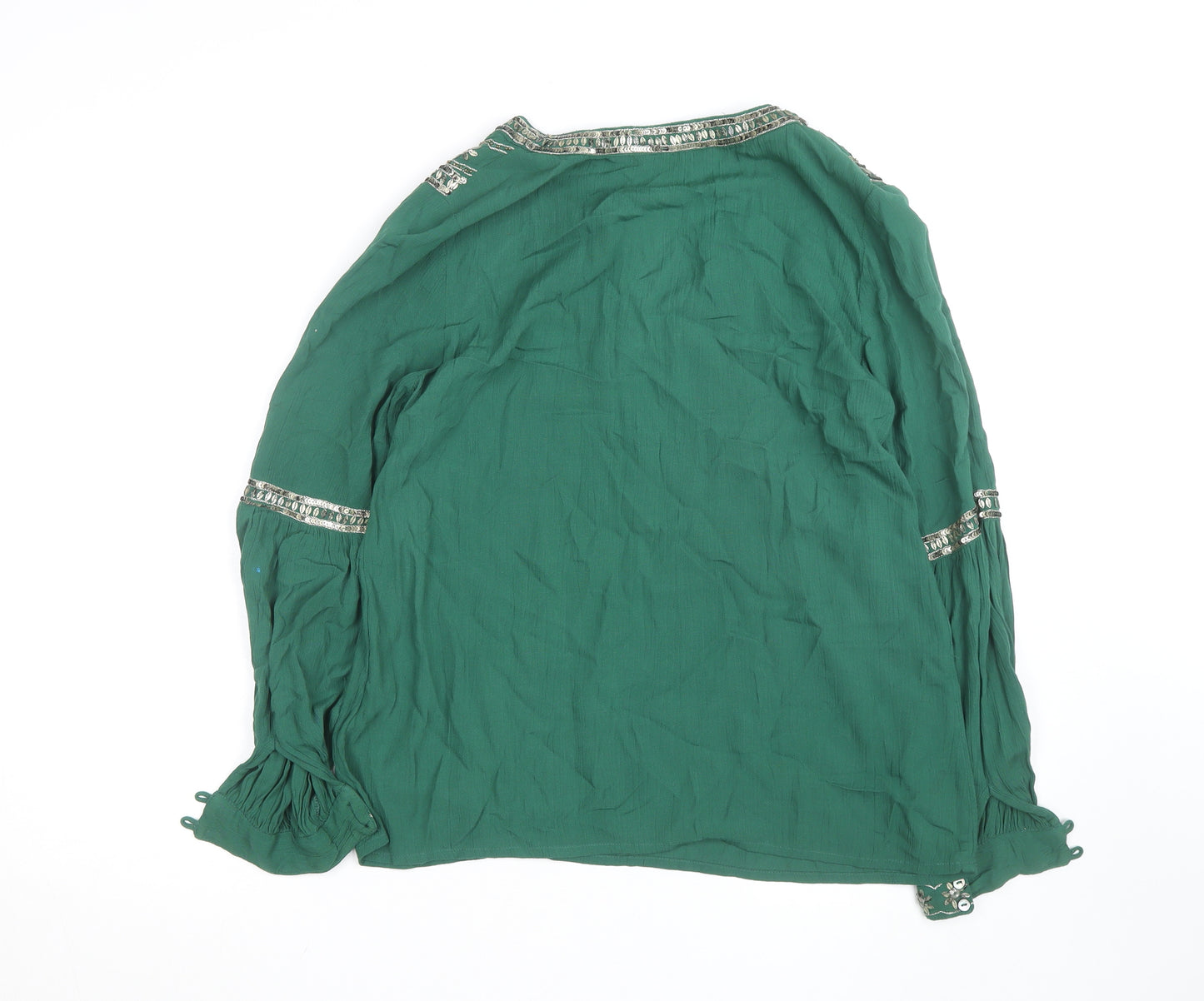 Monsoon Women Green Beaded Tunic Blouse UK 8 Viscose Long Sleeve