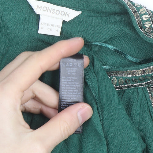 Monsoon Women Green Beaded Tunic Blouse UK 8 Viscose Long Sleeve