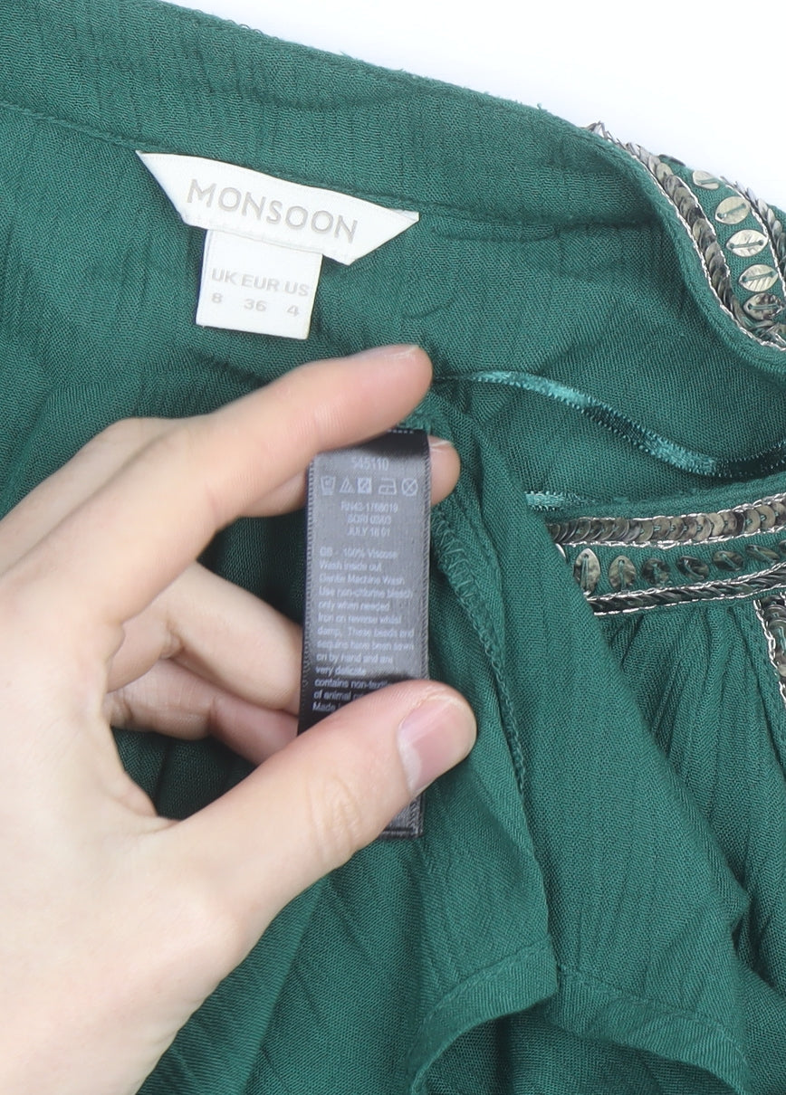 Monsoon Women Green Beaded Tunic Blouse UK 8 Viscose Long Sleeve