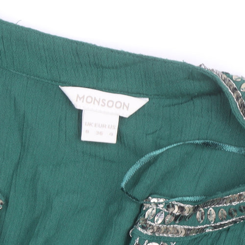 Monsoon Women Green Beaded Tunic Blouse UK 8 Viscose Long Sleeve