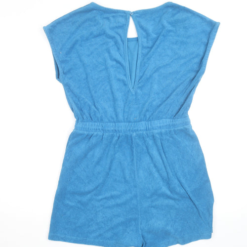 John Lewis Women Blue Terry Playsuit M Round Neck Drawstring Waist
