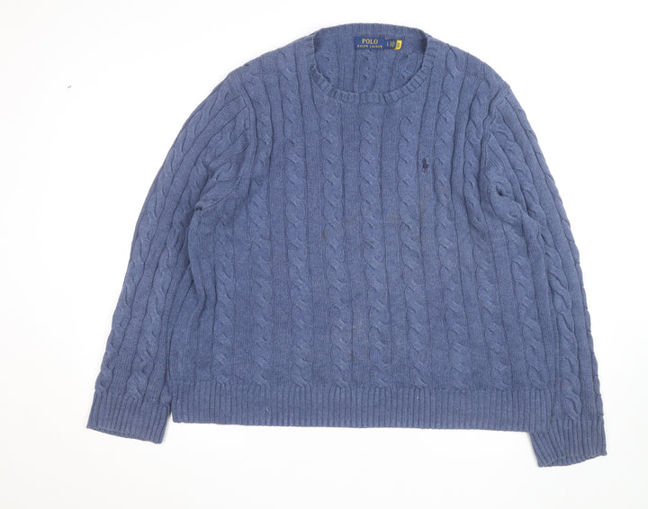 Polo Ralph Lauren Men's Blue Cable-Knit Wool Jumper Size L