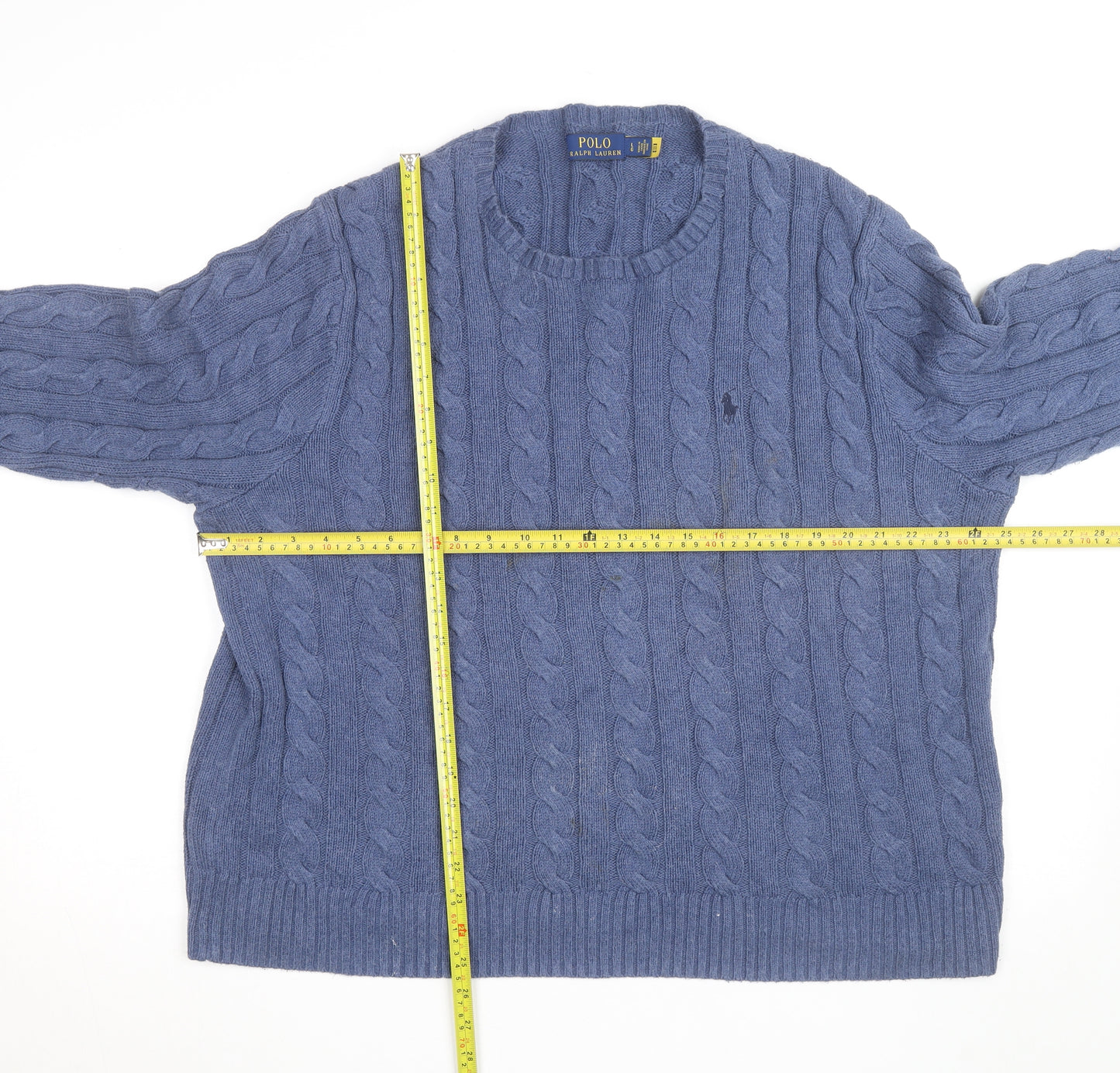 Polo Ralph Lauren Men's Blue Cable-Knit Wool Jumper Size L