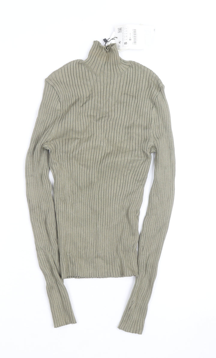 Zara Women Green Ribbed Mock Neck Long Sleeve Knit Top Size S