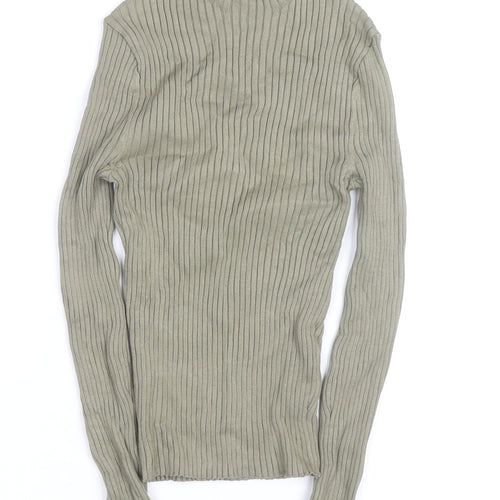 Zara Women Green Ribbed Mock Neck Long Sleeve Knit Top Size S
