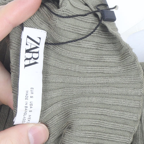 Zara Women Green Ribbed Mock Neck Long Sleeve Knit Top Size S