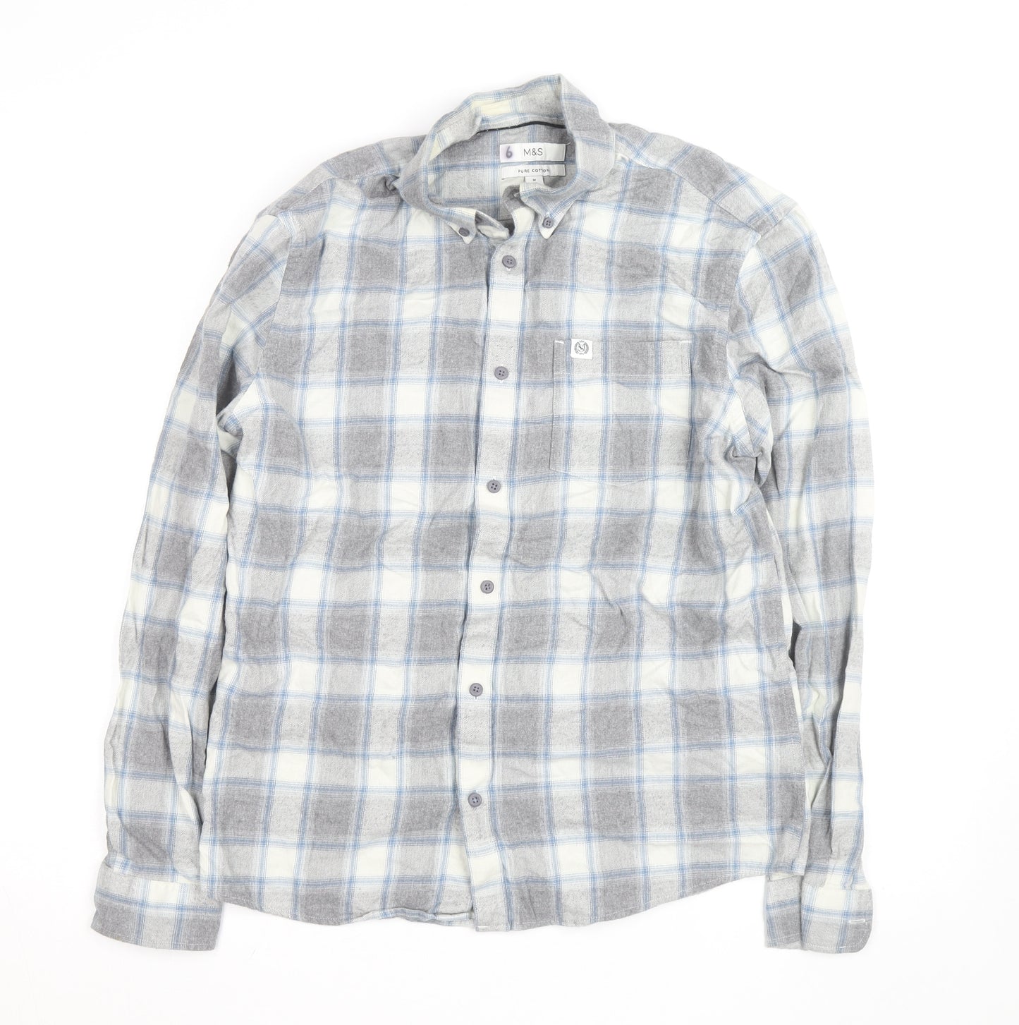 Marks and Spencer Men's Grey Check Flannel Button-Up Shirt L