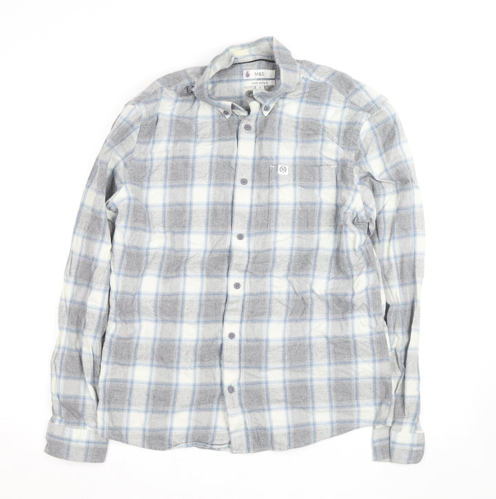 Marks and Spencer Men's Grey Check Flannel Button-Up Shirt L