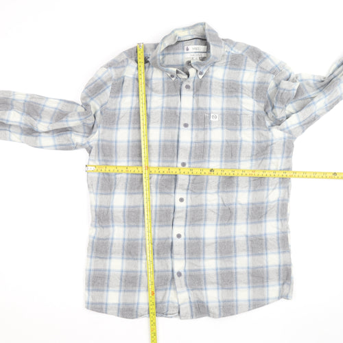 Marks and Spencer Men's Grey Check Flannel Button-Up Shirt L