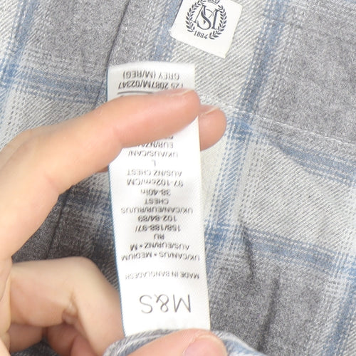 Marks and Spencer Men's Grey Check Flannel Button-Up Shirt L