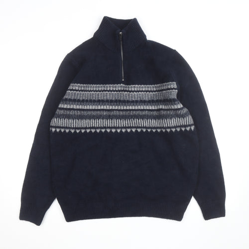 Marks and Spencer Men’s Blue Fair Isle 1/2 Zip Wool Blend Jumper L