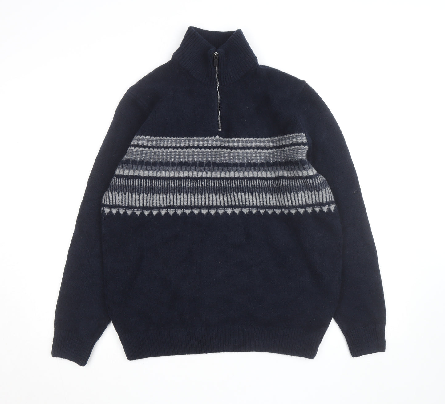 Marks and Spencer Men’s Blue Fair Isle 1/2 Zip Wool Blend Jumper L