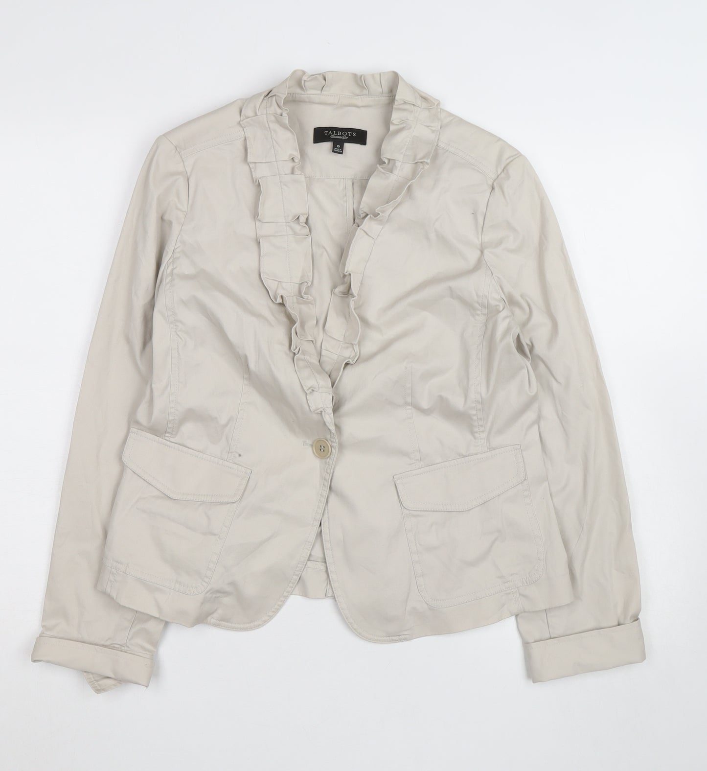 Talbots Women's Beige Ruffle Collar Blazer Size 10 Cotton Blend