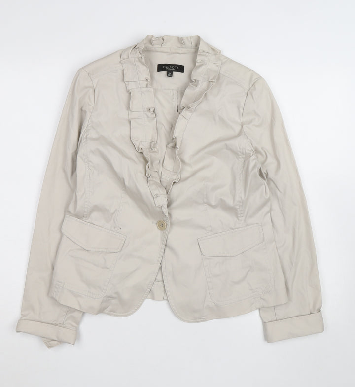 Talbots Women's Beige Ruffle Collar Blazer Size 10 Cotton Blend