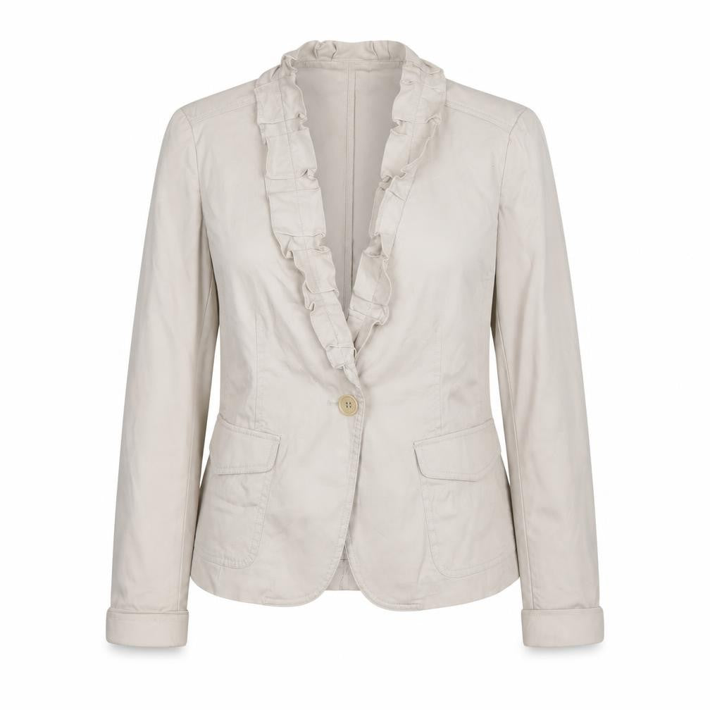 Front view of Talbots Women's Beige Ruffle Collar Blazer, size 10, Cotton Blend