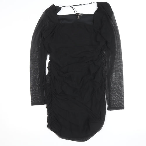 QED London Women's Black Size 16 Bodycon Ruched Mesh Long Sleeve Dress