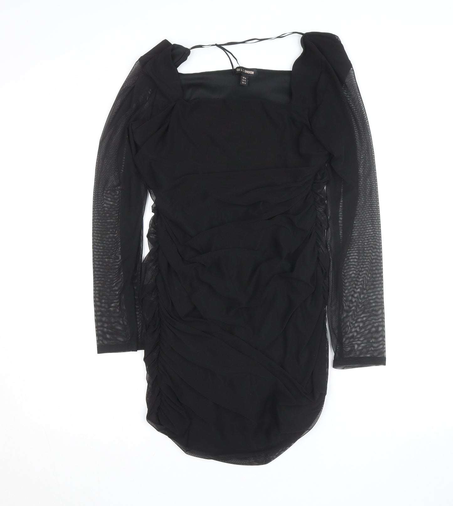 QED London Women's Black Size 16 Bodycon Ruched Mesh Long Sleeve Dress