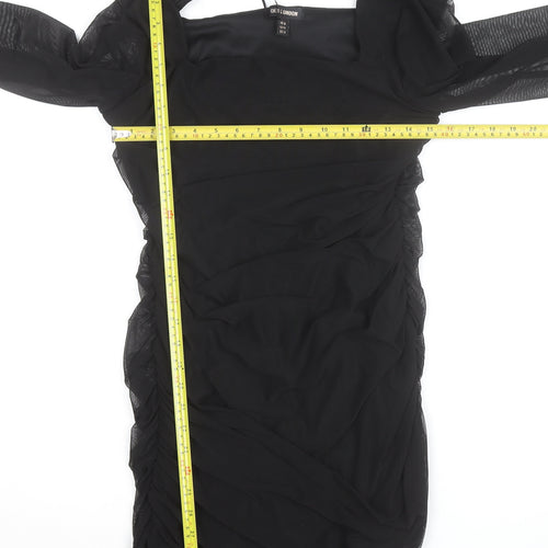 QED London Women's Black Size 16 Bodycon Ruched Mesh Long Sleeve Dress