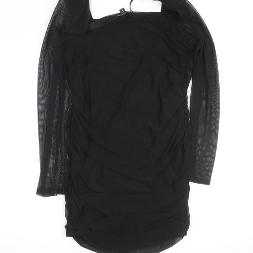 QED London Women's Black Size 16 Bodycon Ruched Mesh Long Sleeve Dress