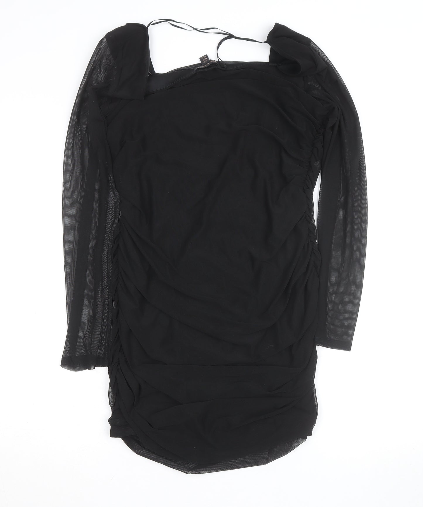 QED London Women's Black Size 16 Bodycon Ruched Mesh Long Sleeve Dress