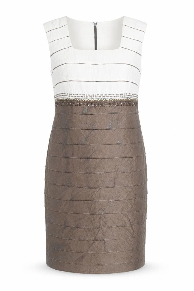 Front view of GOLD Women's Brown Beaded Sheath Dress, size 18