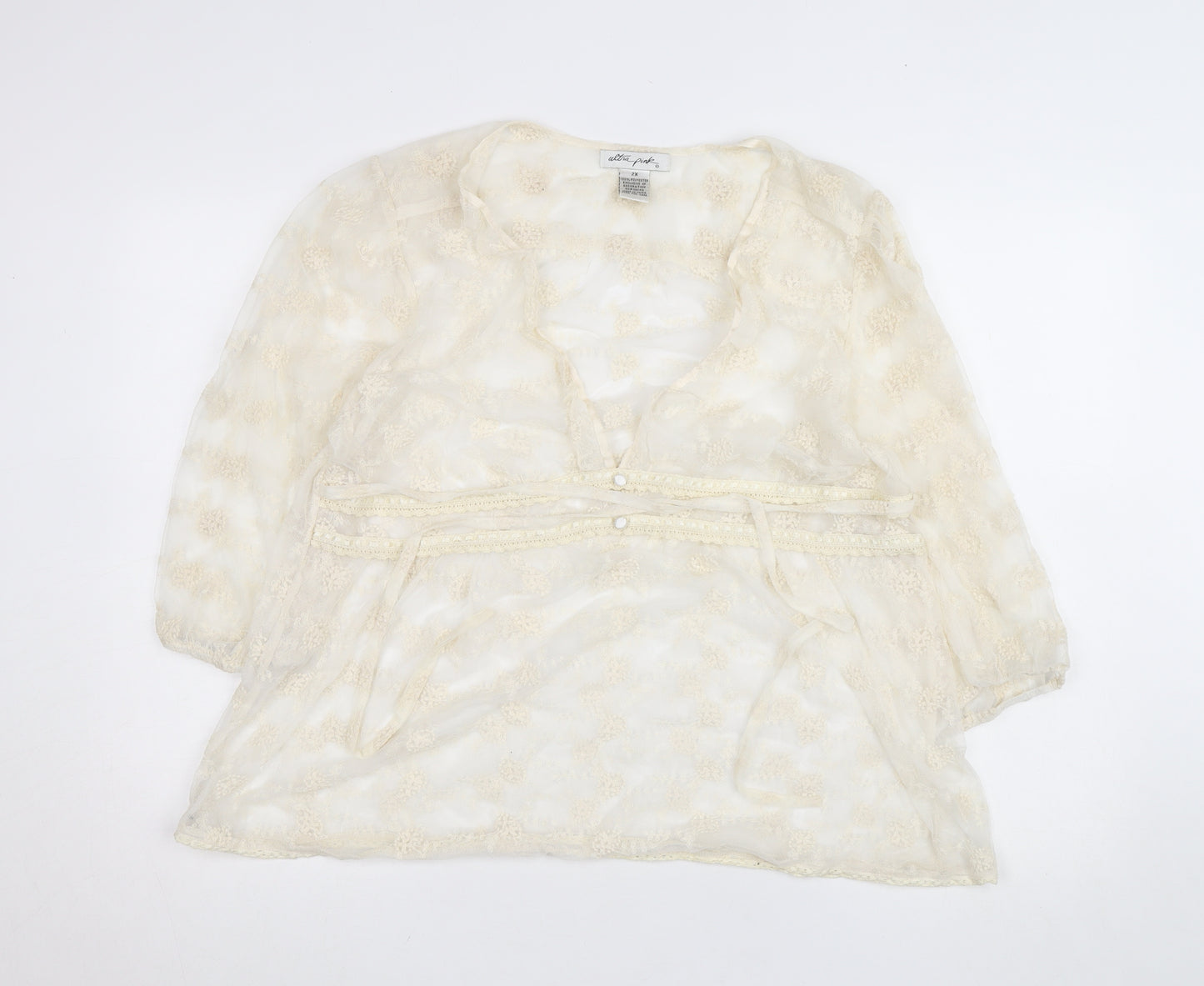 Ultra Pink Women’s Ivory Lace Tunic Blouse 2XL Sheer 3/4 Sleeve