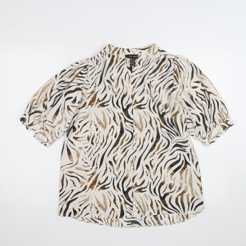 New Look Women Beige Animal Print Blouse Size 10 Short Sleeve V-Neck