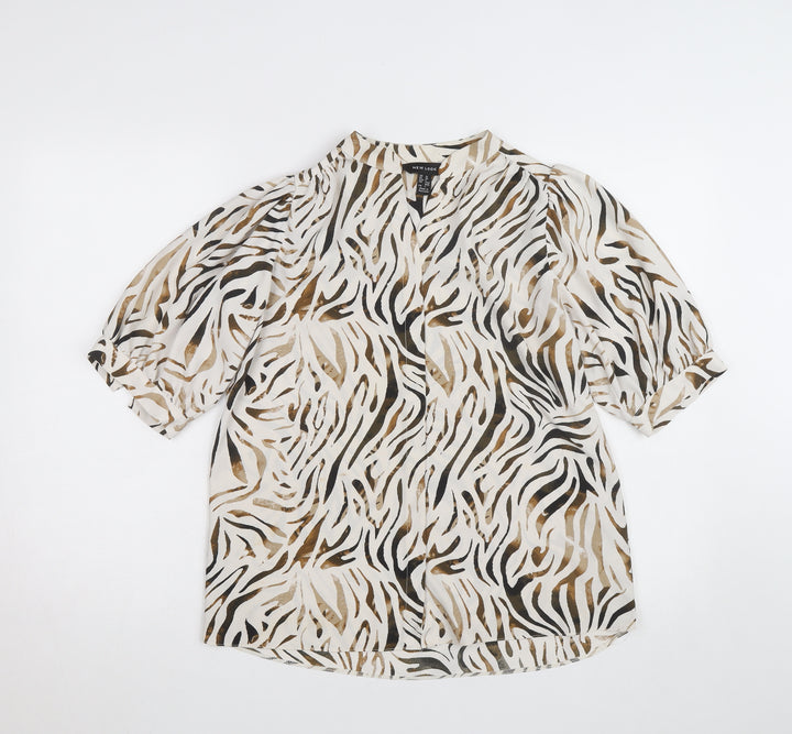 New Look Women Beige Animal Print Blouse Size 10 Short Sleeve V-Neck
