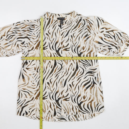New Look Women Beige Animal Print Blouse Size 10 Short Sleeve V-Neck